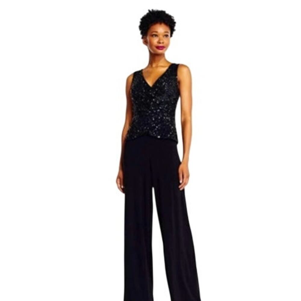 Adrianna Papell Sleeveless Formal Pant Suit one Piece Sz 14 Black sequin beading
